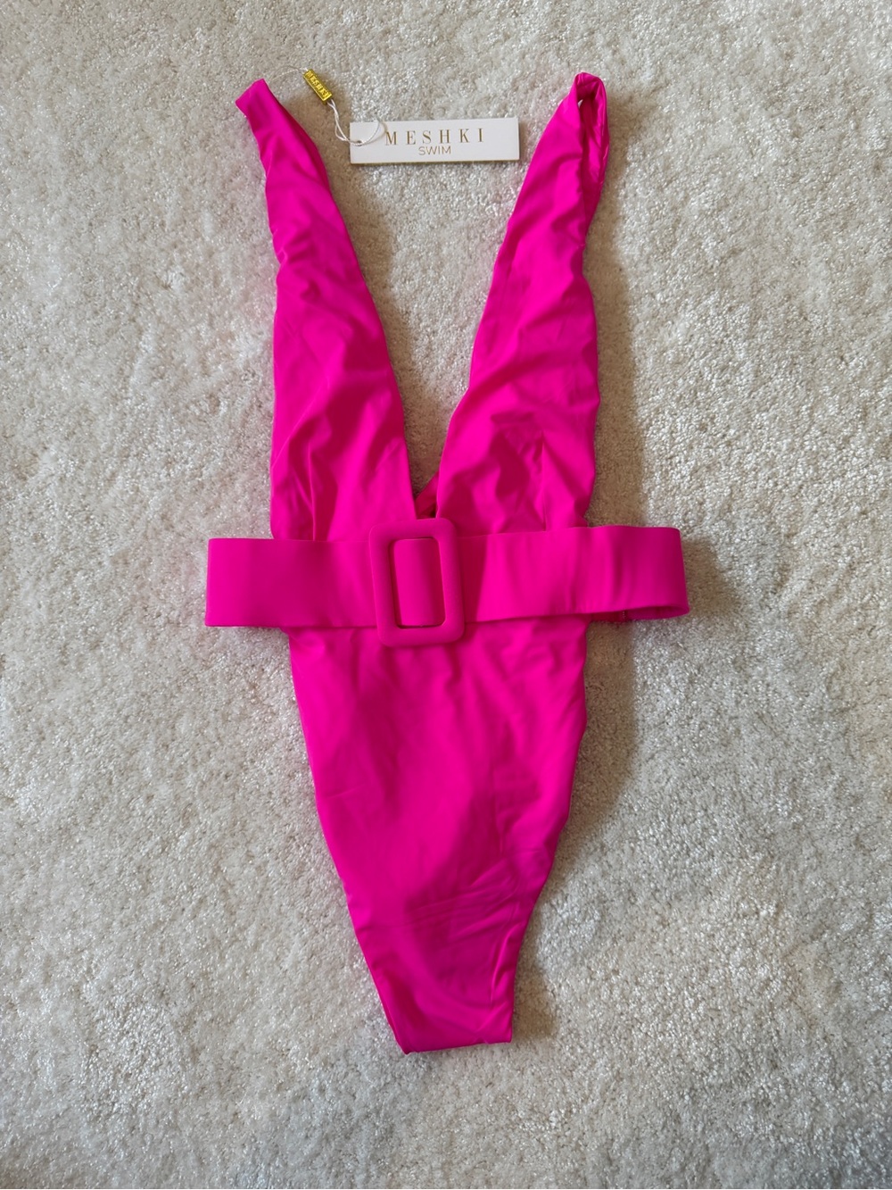 Meshki Bright Pink Deep V One-Piece Swimsuit with Belt